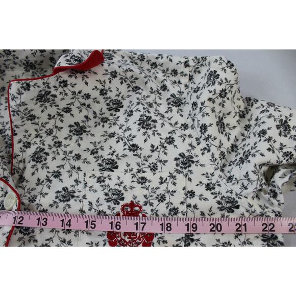 Lauren Ralph Lauren Black Floral White Pajama Shirt L Crest Embroidery Red Trim - Picture 8 of 9